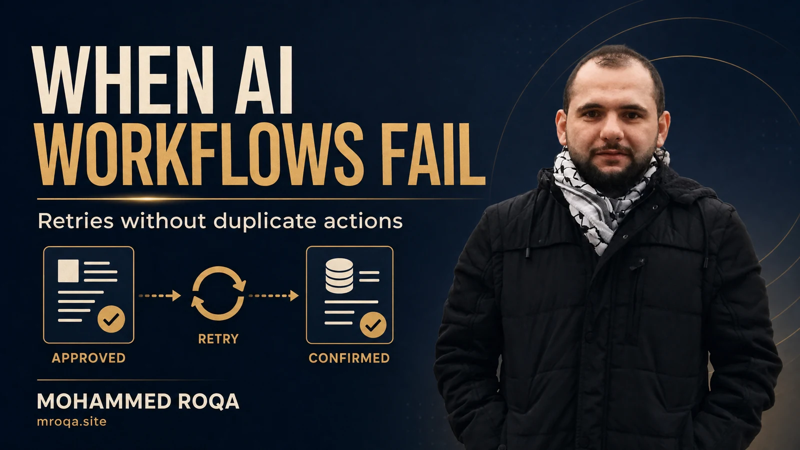 محمد روقة بجانب عنوان المقال ومسار مستند ينتقل من الاعتماد إلى إعادة المحاولة ثم التأكيد